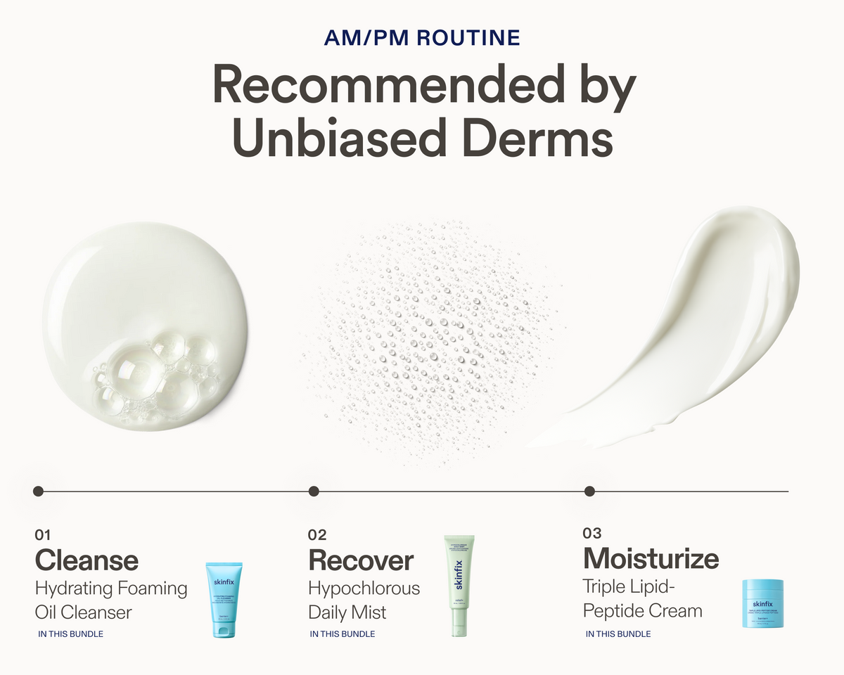 AM/PM routine skincare. The layout features three product tubes and jars labeled '01 Cleanse Hydrating Foaming Oil Cleanser', '02 Recover Hypochlorous Daily Mist', and '03 Moisturize Triple Lipid-Peptide Cream' with corresponding product textures illustrations above them.