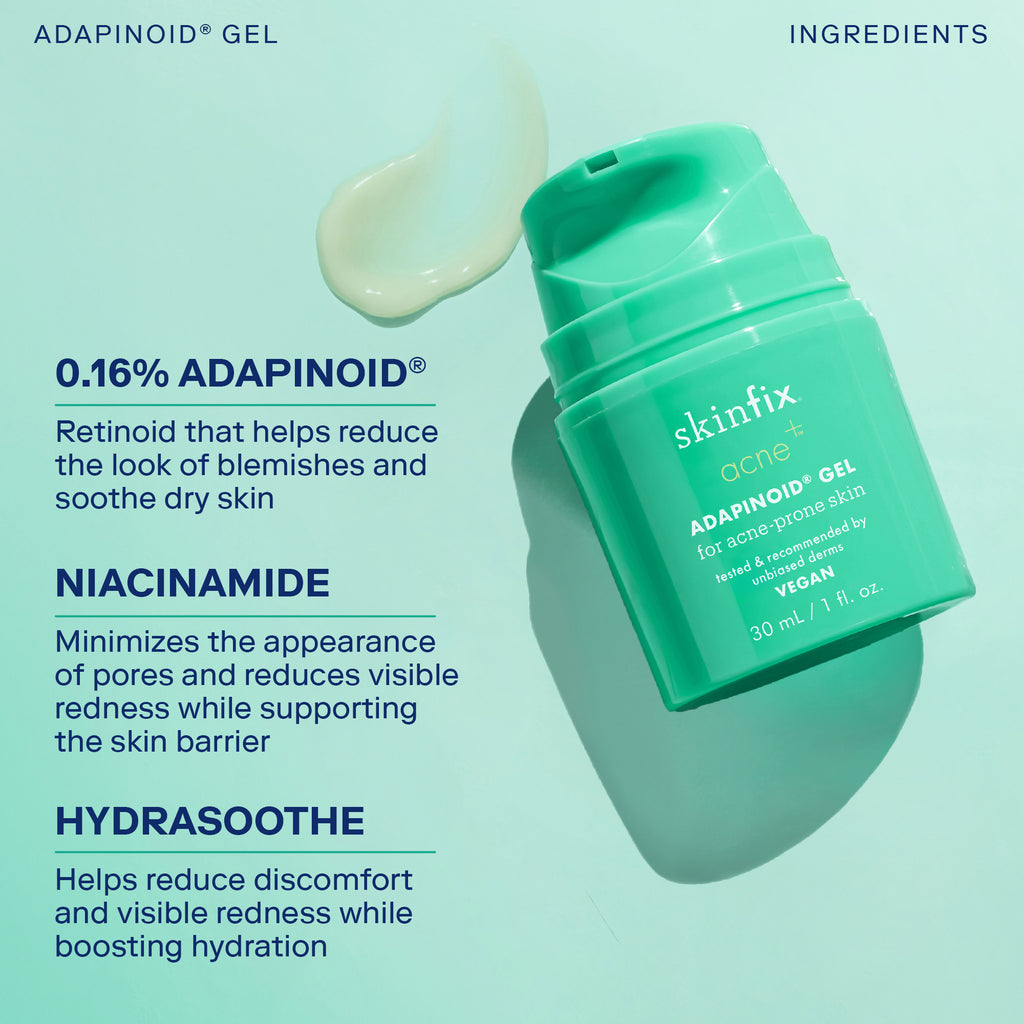 Image of green bottle Skinfix Adapinoid Gel with product texture swatch showing key product ingredients Adapinoid, Niacinamide and Hydrasoothe