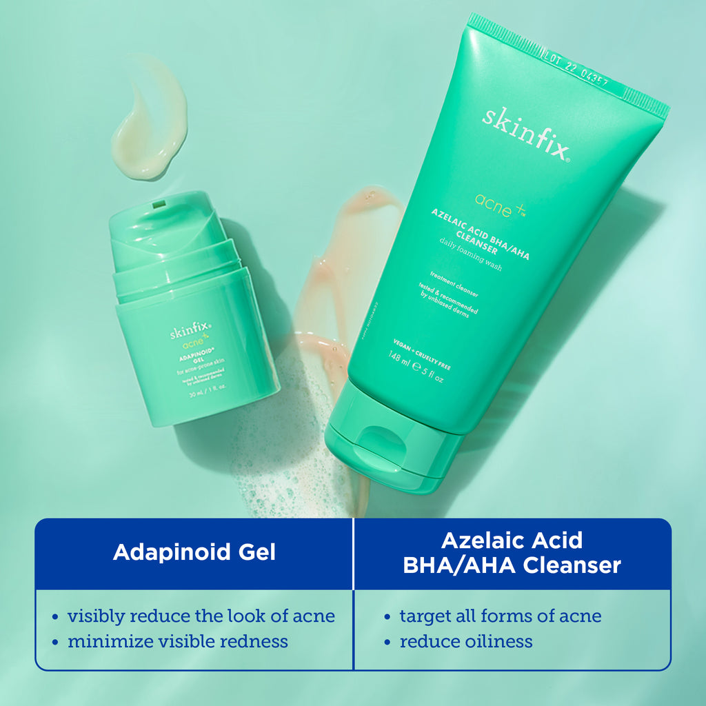 Image of two green bottles (Skinfix Adapinoid Gel and Skinfix Azelaic Acid BHA/AHA Cleanser) with product texture behind each product showing the serum and the cleanser.