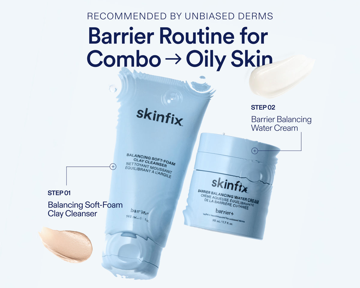 Skinfix Barrier Routine for oily skin, featuring a light blue clay cleanser tube and matching cream jar with text callouts for Step 01 and Step 02 on a pale blue background.