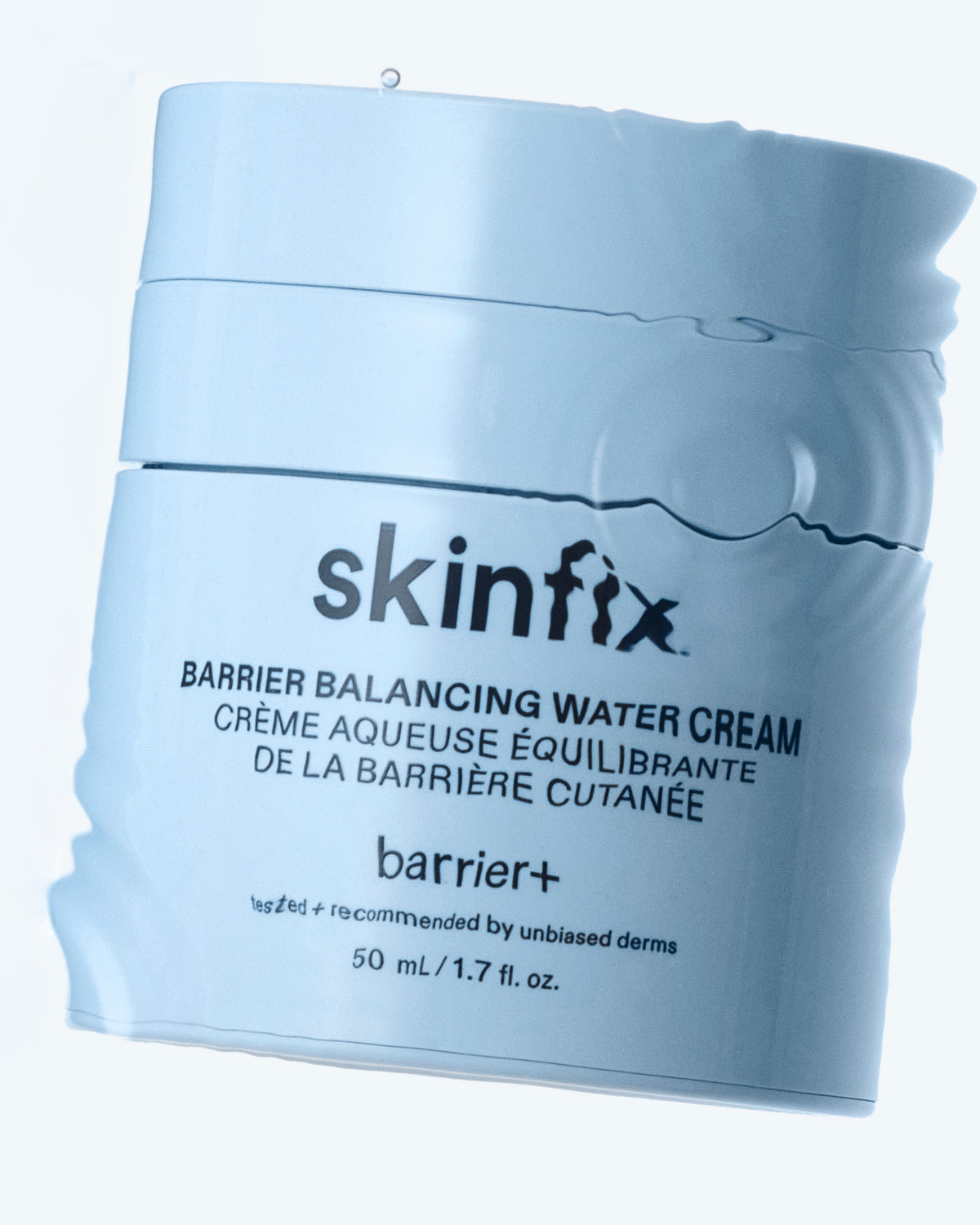 A light blue plastic jar of skinfix Barrier Balancing Water Cream, shown at an angle against a white background.