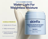 A jar of skinfix Barrier Balancing Water Cream on a light cream background with a large cream swirl graphic behind it. The ad includes marketing text 'Water-Light For Weightless Moisture' and a list of clinically proven benefits.