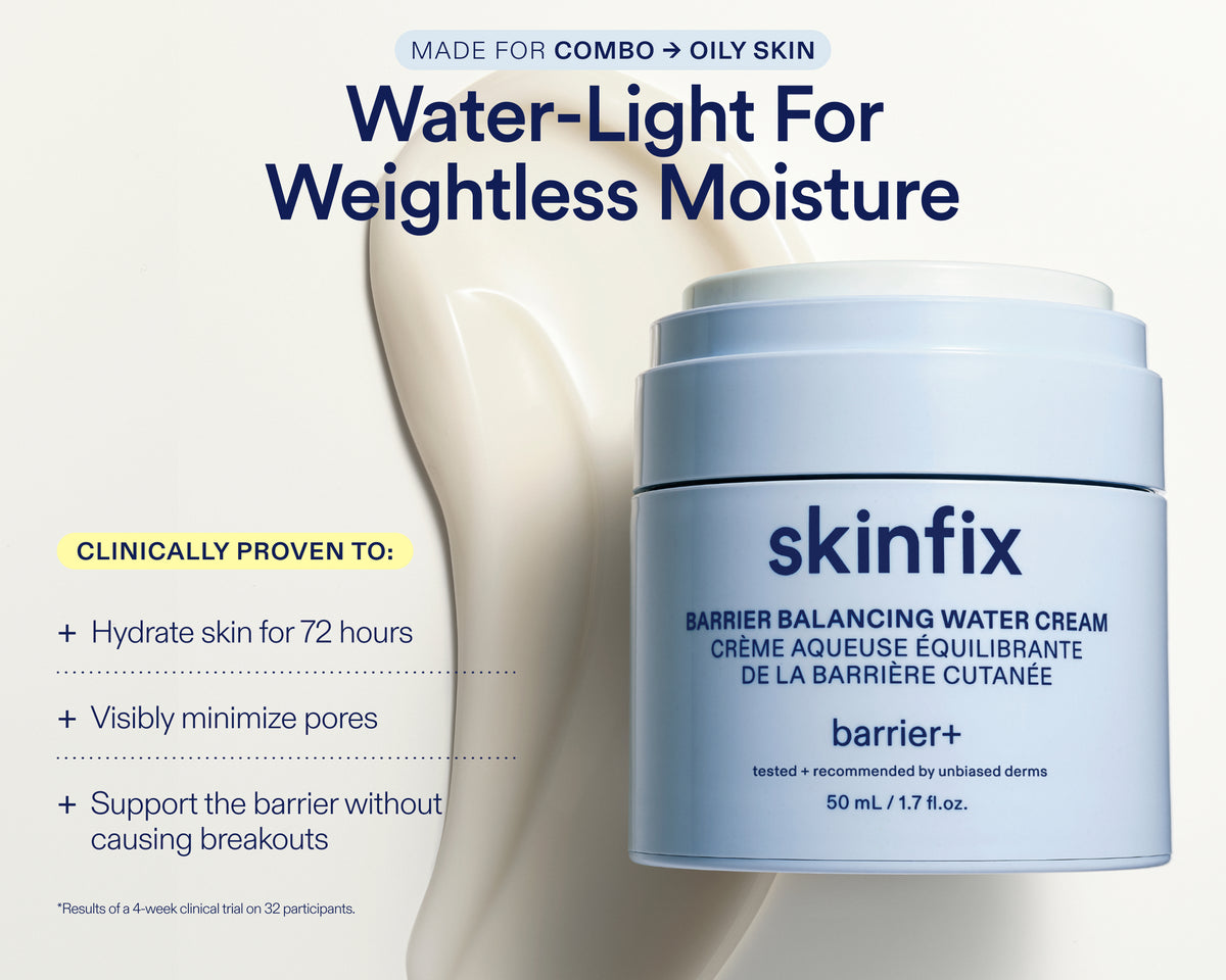 A jar of skinfix Barrier Balancing Water Cream on a light cream background with a large cream swirl graphic behind it. The ad includes marketing text 'Water-Light For Weightless Moisture' and a list of clinically proven benefits.