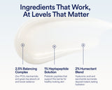 An infographic-style ingredient callout graphic with the headline 'Ingredients That Work, At Levels That Matter' above a large white droplet on a pale blue background. Three labeled components are shown with plus signs and text: 2.