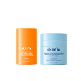 Skinfix Brighten + Firm 15% Vitamin C Serum (30 mL) in orange and Ceramide Prime Whipped Cream (50 mL) in light blue, on a transparent background.