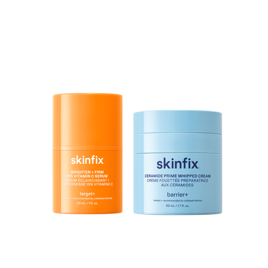 Skinfix Brighten + Firm 15% Vitamin C Serum (30 mL) in orange and Ceramide Prime Whipped Cream (50 mL) in light blue, on a transparent background.