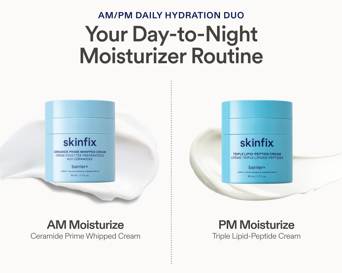 AM/PM Daily Hydration Duo infographic pairing Ceramide Prime Whipped Cream (AM) and Triple Lipid-Peptide Cream (PM).