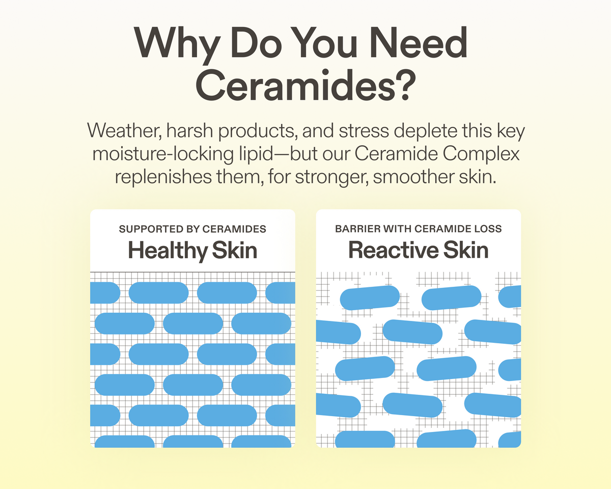 Illustrated diagram comparing healthy skin supported by ceramides — showing tightly packed, organized lipid layers — versus reactive skin with ceramide loss — showing disorganized, gapped lipid layers. Text reads: Why Do You Need Ceramides? Weather, harsh products, and stress deplete this key moisture-locking lipid — but our Ceramide Complex replenishes them, for stronger, smoother skin.