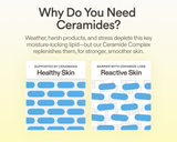 Illustrated diagram comparing healthy skin supported by ceramides — showing tightly packed, organized lipid layers — versus reactive skin with ceramide loss — showing disorganized, gapped lipid layers. Text reads: Why Do You Need Ceramides? Weather, harsh products, and stress deplete this key moisture-locking lipid — but our Ceramide Complex replenishes them, for stronger, smoother skin.