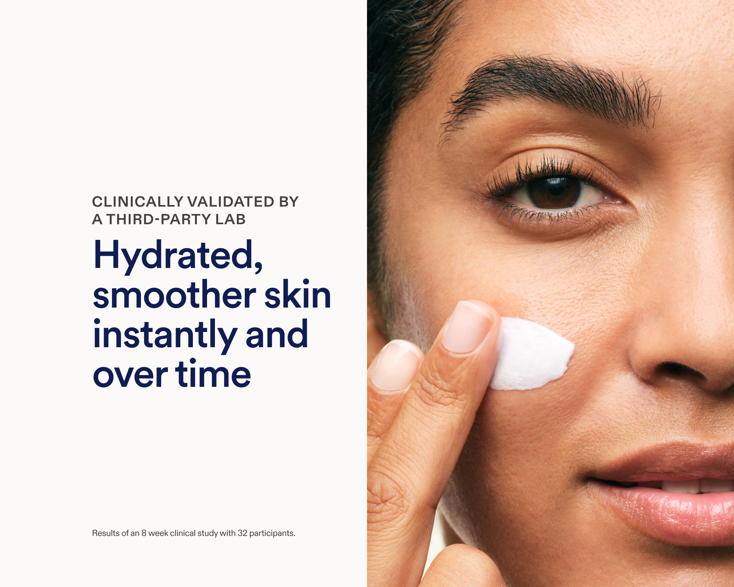 A person applying Skinfix Ceramide Prime Whipped Cream to their cheek, alongside text reading: Clinically validated by a third-party lab — Hydrated, smoother skin instantly and over time.