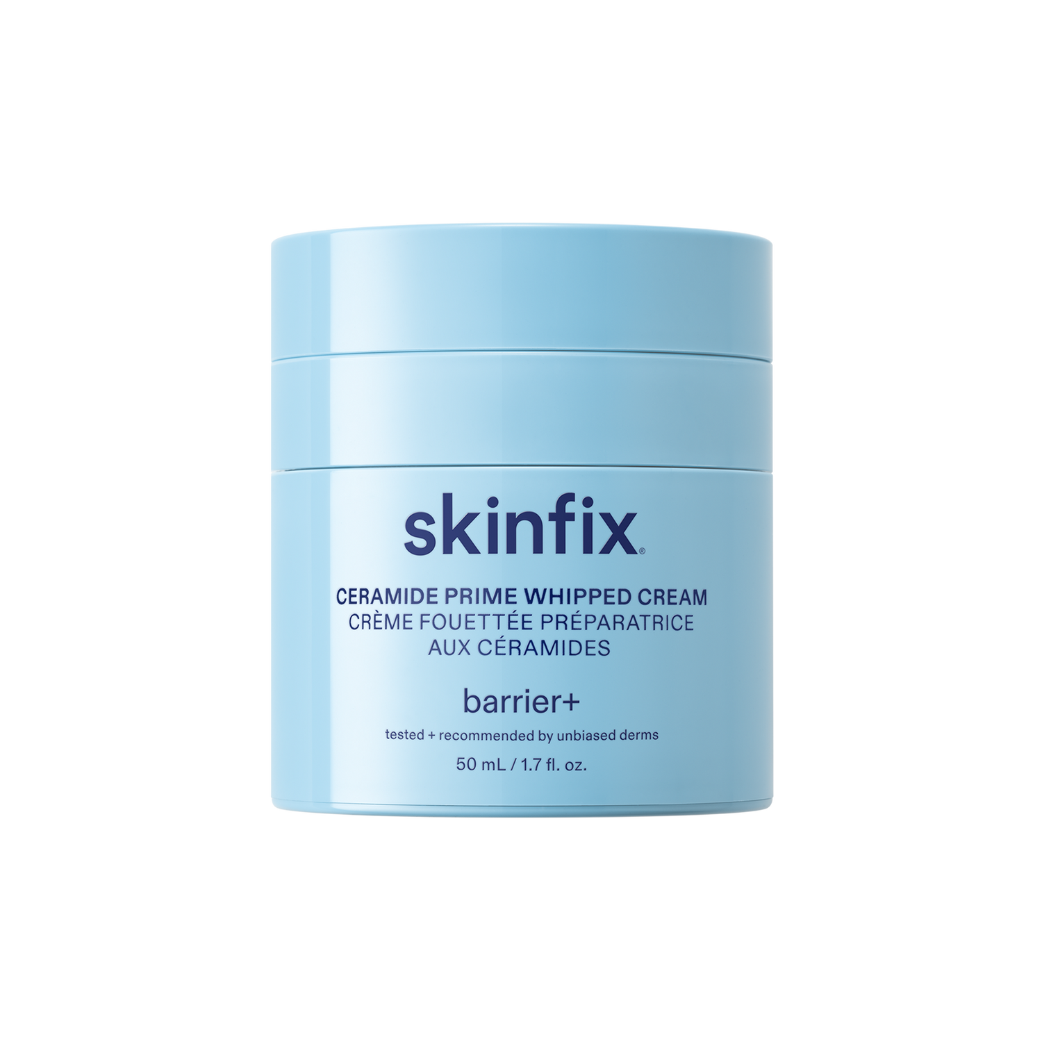 Skinfix Ceramide Prime Whipped Cream — light blue cylindrical jar with navy text, 50 mL, on a transparent background.