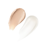 Texture swatches of the Skinfix Balancing Soft-Foam Clay Cleanser (a smooth, beige clay) and Barrier Balancing Water Cream (a lightweight, white cream), on a transparent background.