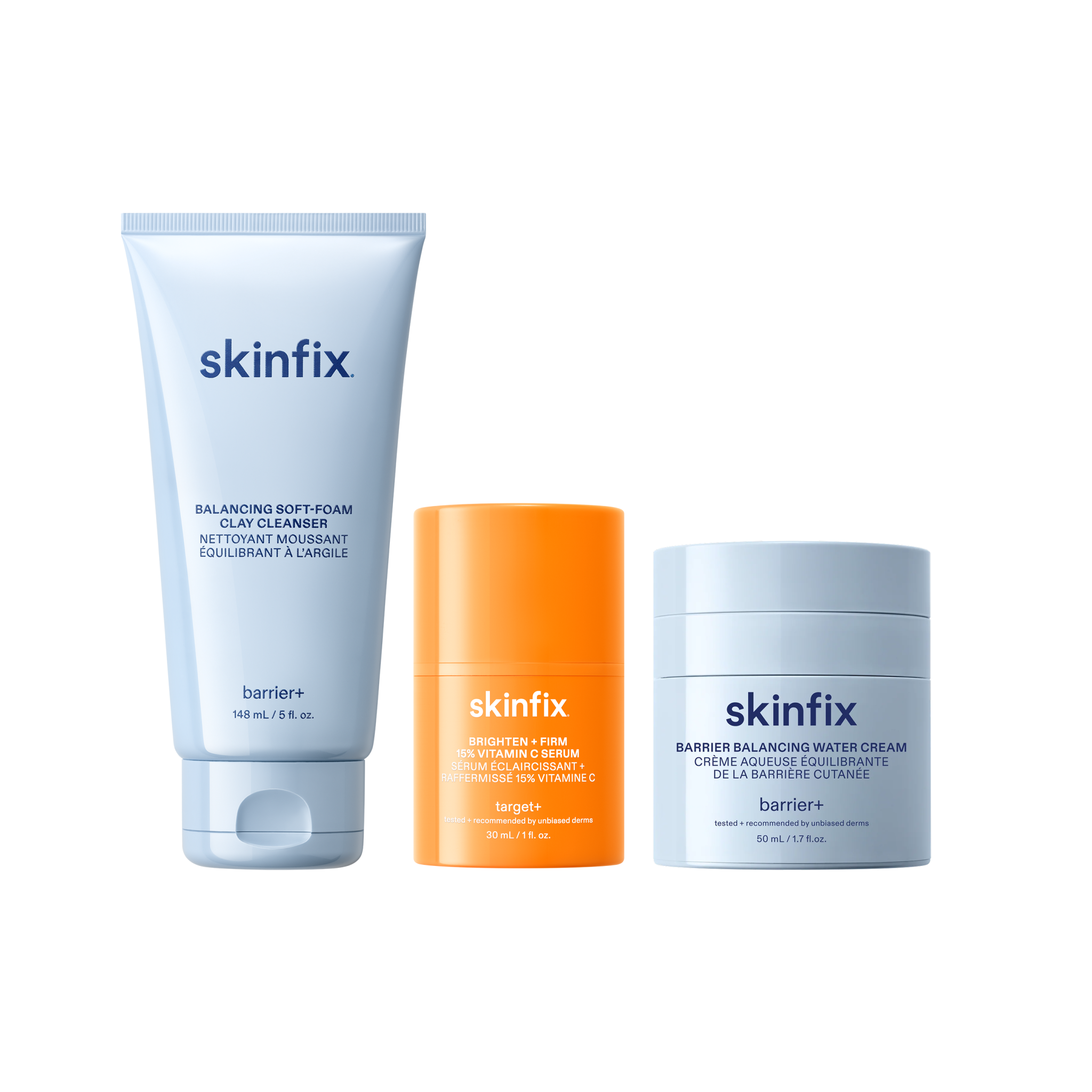 Skinfix Balancing Soft-Foam Clay Cleanser (148 mL | 5 fl.oz.), Brighten + Firm 15% Vitamin C Serum (30 mL | 1 fl. oz.), and Barrier Balancing Water Cream (50 mL | 1.7oz), on a transparent background.