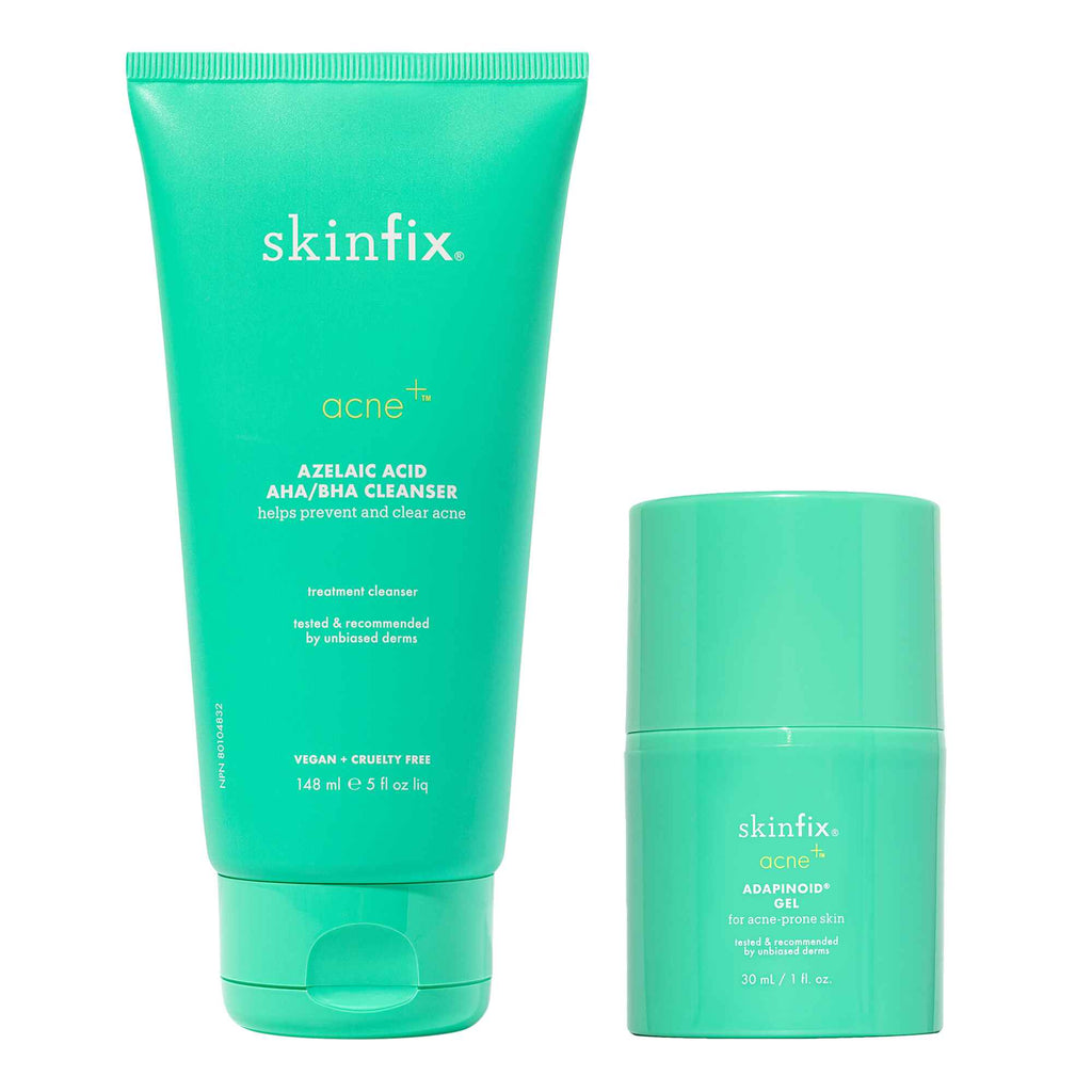 This is an image that shows Acne Azelaic Acid AHA/BHA Cleanser and Acne Adapinoid Gel from Skinfix.