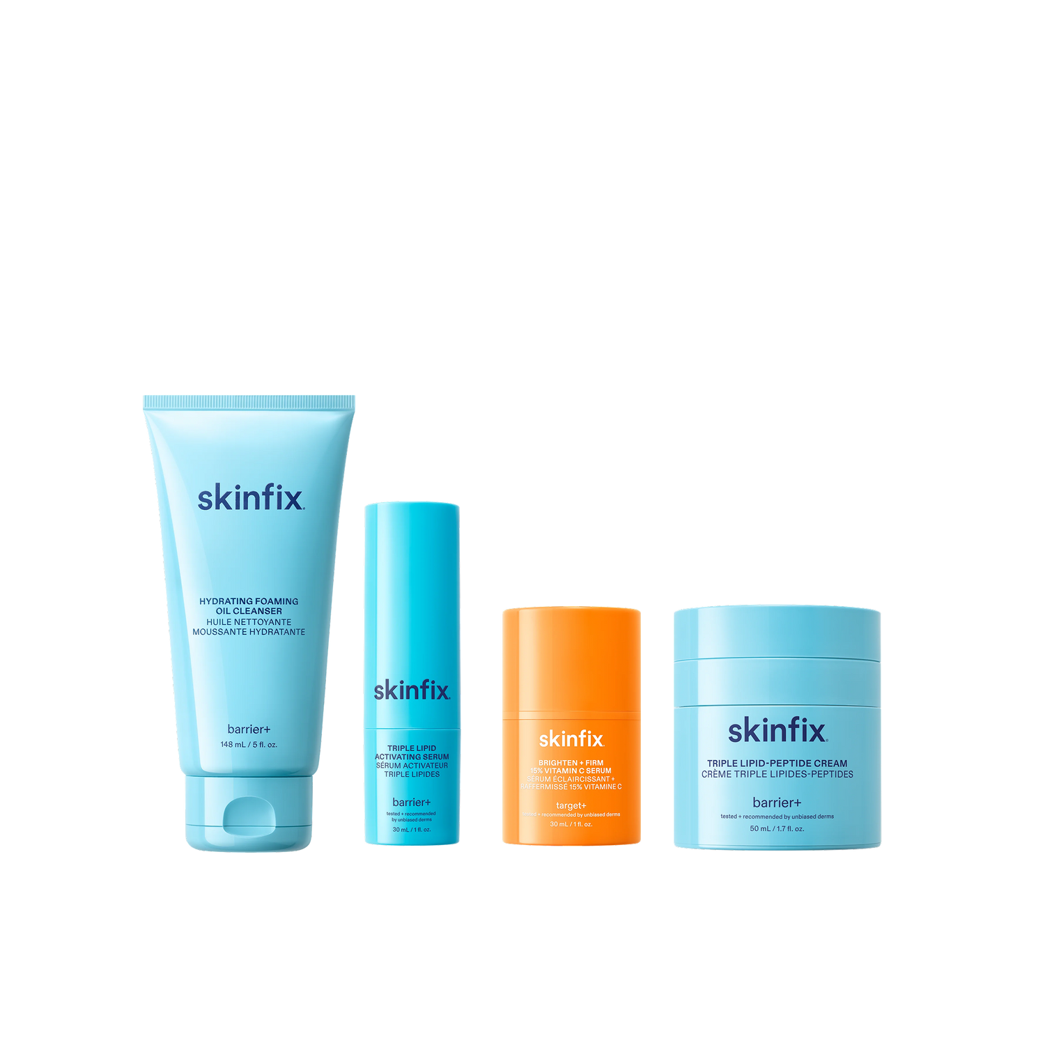 Four Skinfix products: Hydrating Foaming Oil Cleanser, Triple Lipid Activating Serum, Brighten + Firm 15% Vitamin C Serum, and Triple Lipid-Peptide Cream.