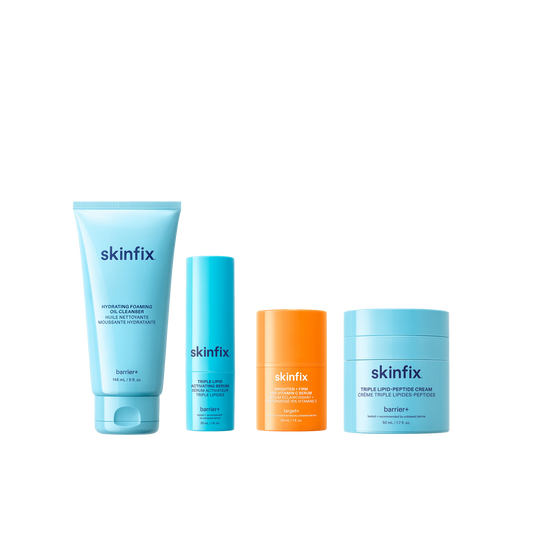 Four Skinfix products: Hydrating Foaming Oil Cleanser, Triple Lipid Activating Serum, Brighten + Firm 15% Vitamin C Serum, and Triple Lipid-Peptide Cream.