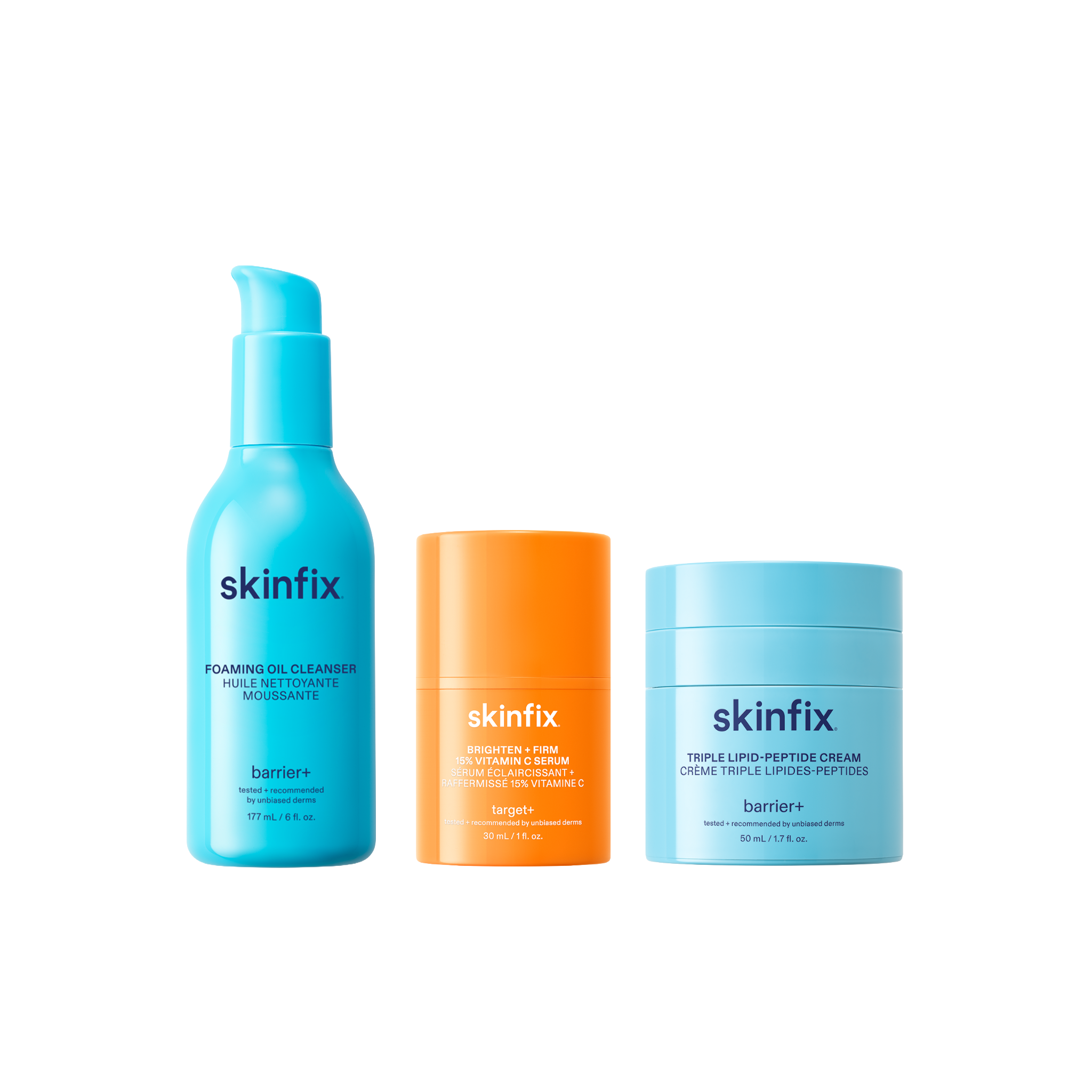 Skinfix Foaming Oil Cleanser, Brighten + Firm 15% Vitamin C Serum, and Triple Lipid-Peptide Cream shown side by side.