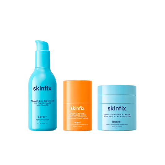 Skinfix Foaming Oil Cleanser, Brighten + Firm 15% Vitamin C Serum, and Triple Lipid-Peptide Cream shown side by side.