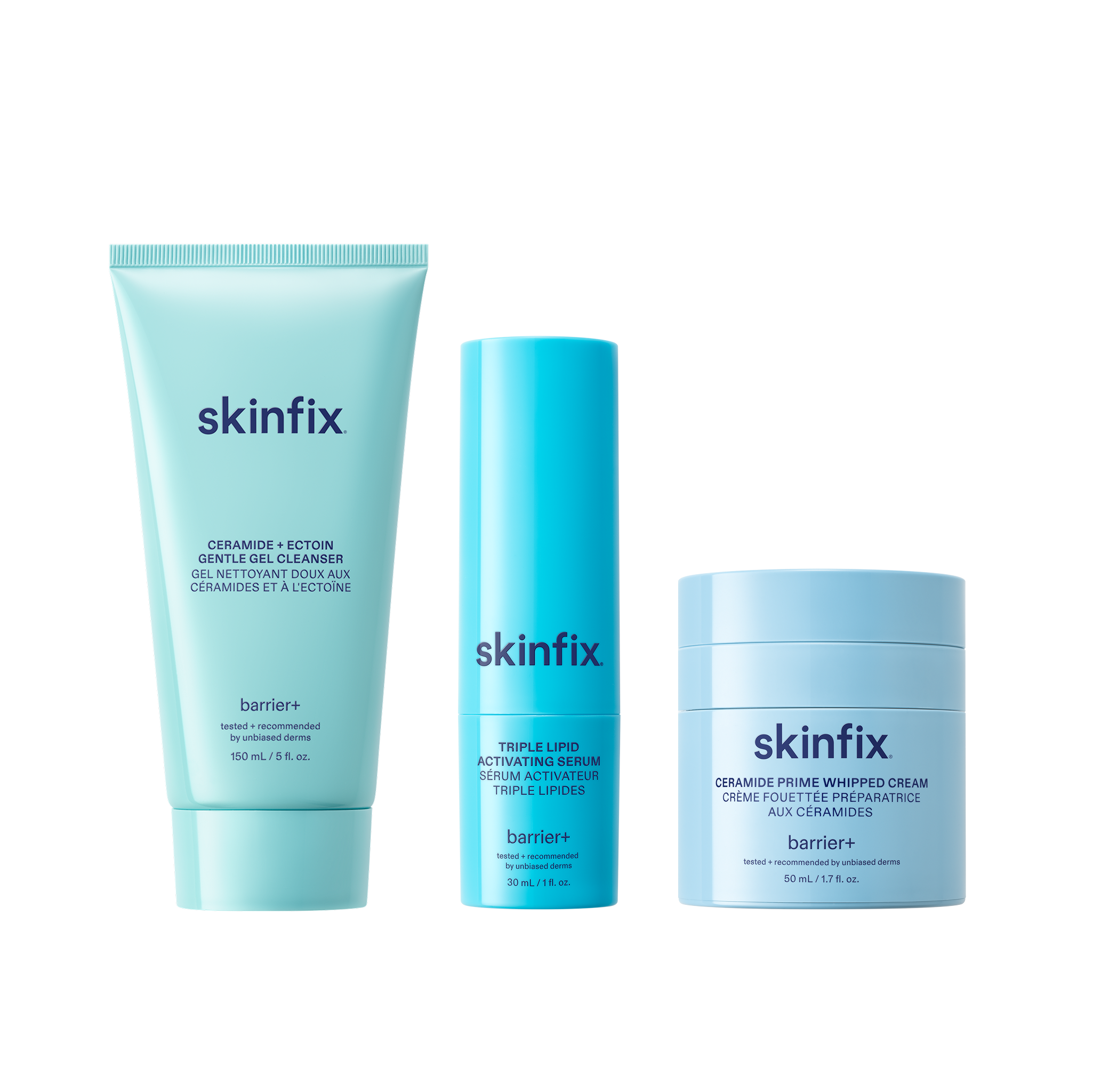 Skinfix Ceramide + Ectoin Gentle Gel Cleanser (150 mL) in mint green, Triple Lipid Activating Serum (30 mL) in teal, and Ceramide Prime Whipped Cream (50 mL) in light blue, on a transparent background.