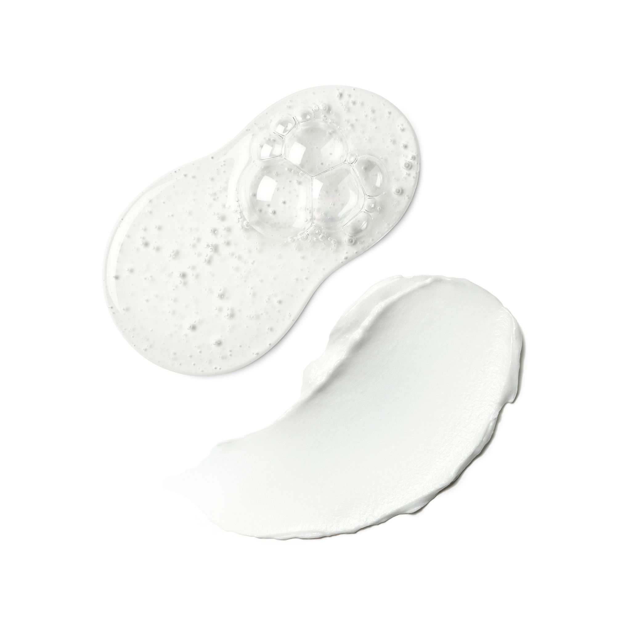 Texture swatches of the Skinfix Ceramide + Ectoin Gentle Gel Cleanser (a clear, bubbly gel) and Ceramide Prime Whipped Cream (a whipped, white cream), on a transparent background.