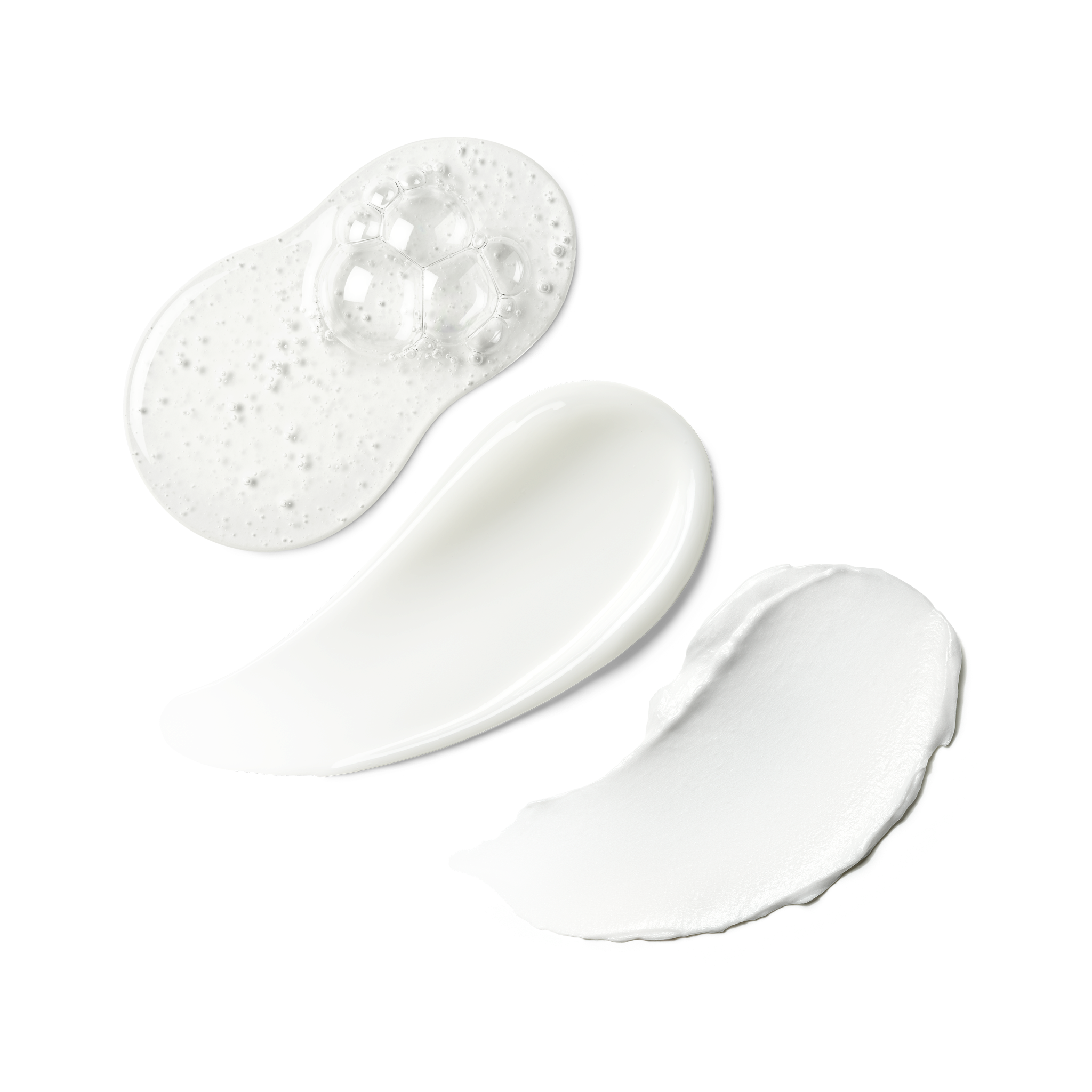 Texture swatches of three Skinfix products — Ceramide + Ectoin Gentle Gel Cleanser (a clear, foamy gel), Triple Lipid Activating Serum (a smooth, silky serum), and Ceramide Prime Whipped Cream (a whipped, white cream) — on a transparent background.