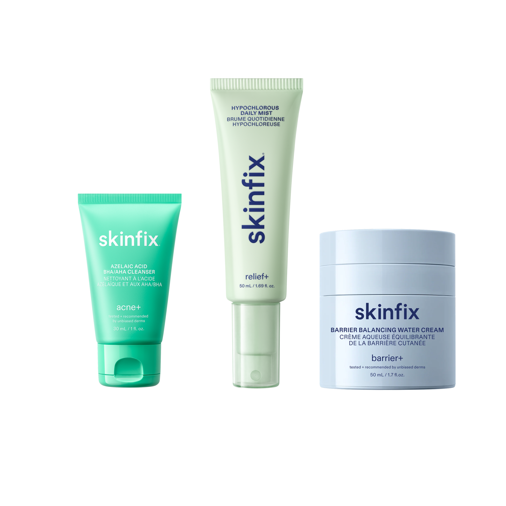 Skinfix Azelaic Acid BHA/AHA Cleanser Mini, Hypochlorous Daily Mist, and Barrier Balancing Water Cream on transparent background.