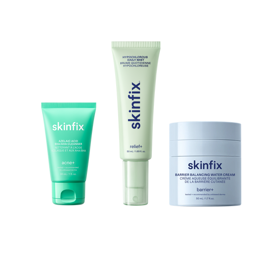 Skinfix Azelaic Acid BHA/AHA Cleanser Mini, Hypochlorous Daily Mist, and Barrier Balancing Water Cream on transparent background.