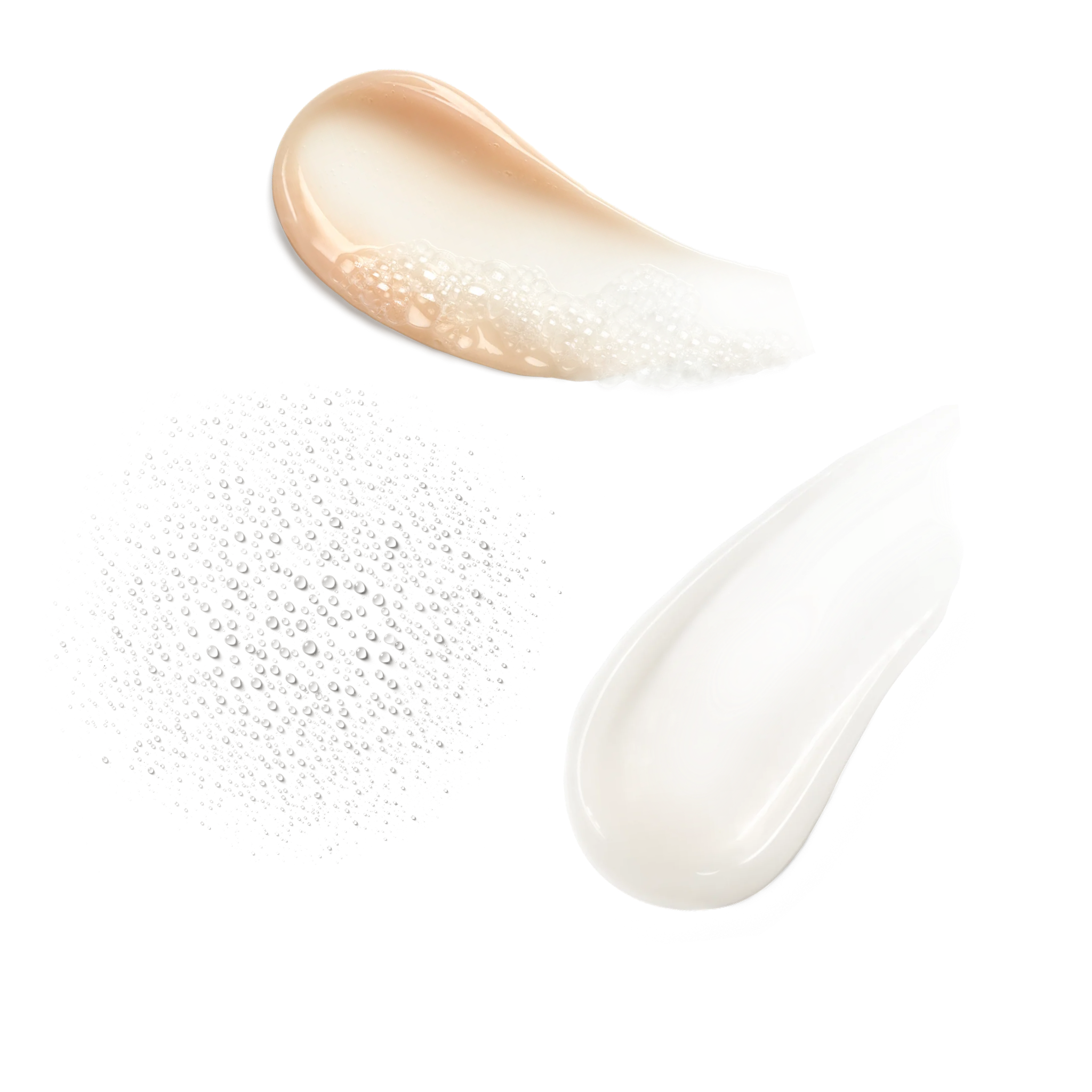 Three skincare textures on transparent background: light pink cleanser, misted droplets, and lightweight water cream.