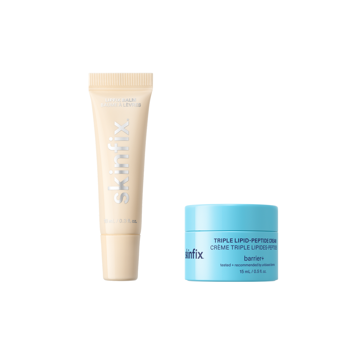 A skincare set featuring a beige squeeze tube of Skinfix Triple Lipid-Cream Moisturizer and a light blue jar of Skinfix Barrier Triple Lipid-Peptide Cream, shown on a plain white background.