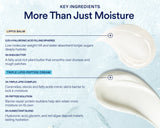An informational graphic for a skincare product showing the text 'More Than Just Moisture' and 'Key Ingredients,' with ingredient descriptions for Lipfix Balm and Triple Lipid-Peptide Cream and illustrated white cream droplets on a pale icy blue background.