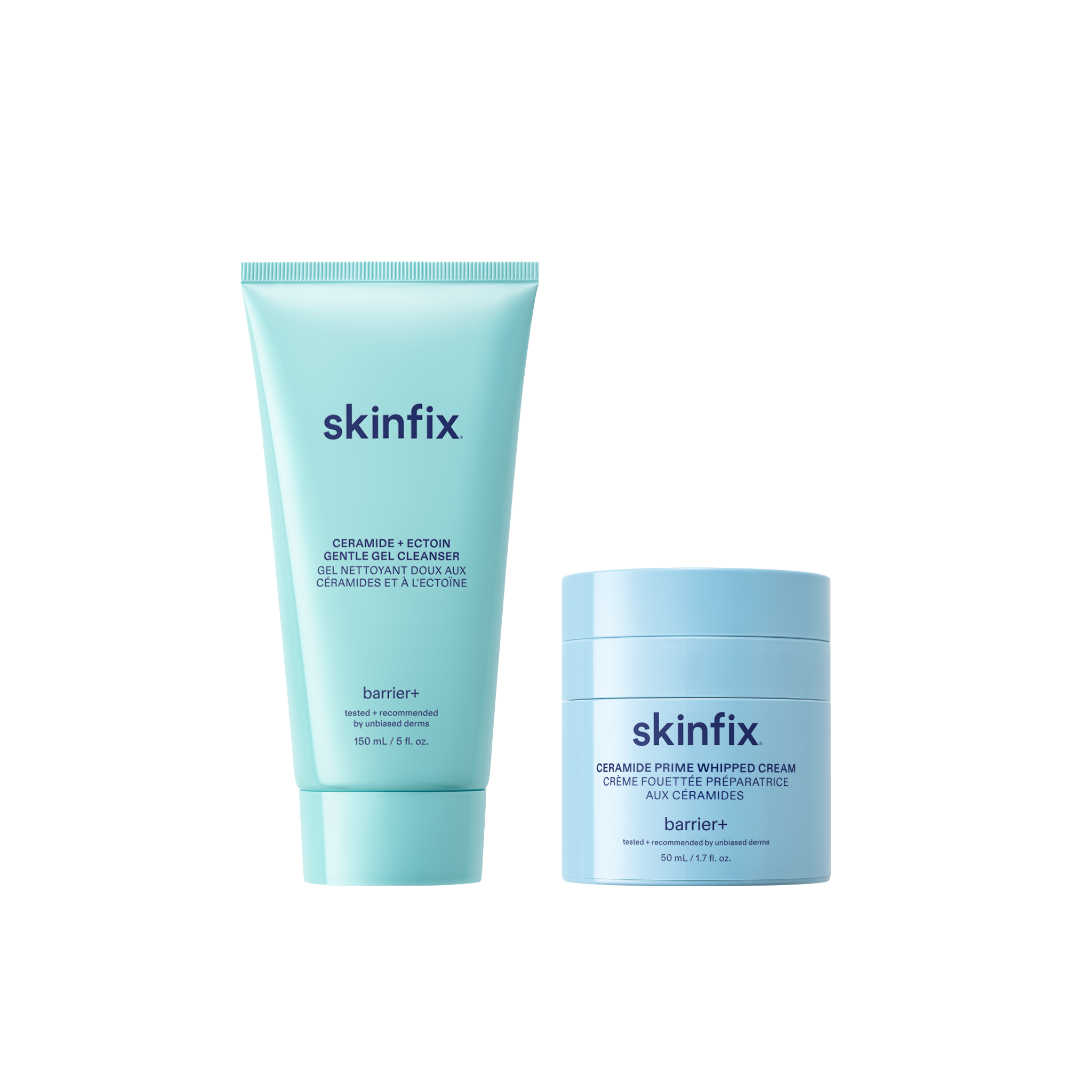 Skinfix Ceramide + Ectoin Gentle Gel Cleanser (150 mL) and Ceramide Prime Whipped Cream (50 mL), both in light blue packaging with navy text, on a transparent background.