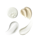 Four swatches of skincare: Hydrating Foaming Oil Cleanser, Exo + Ectoin Intensive Repair Baume, Triple Lipid Eye Treatment and Triple Lipid-Peptide Cream  showing product's texture on transparent background.