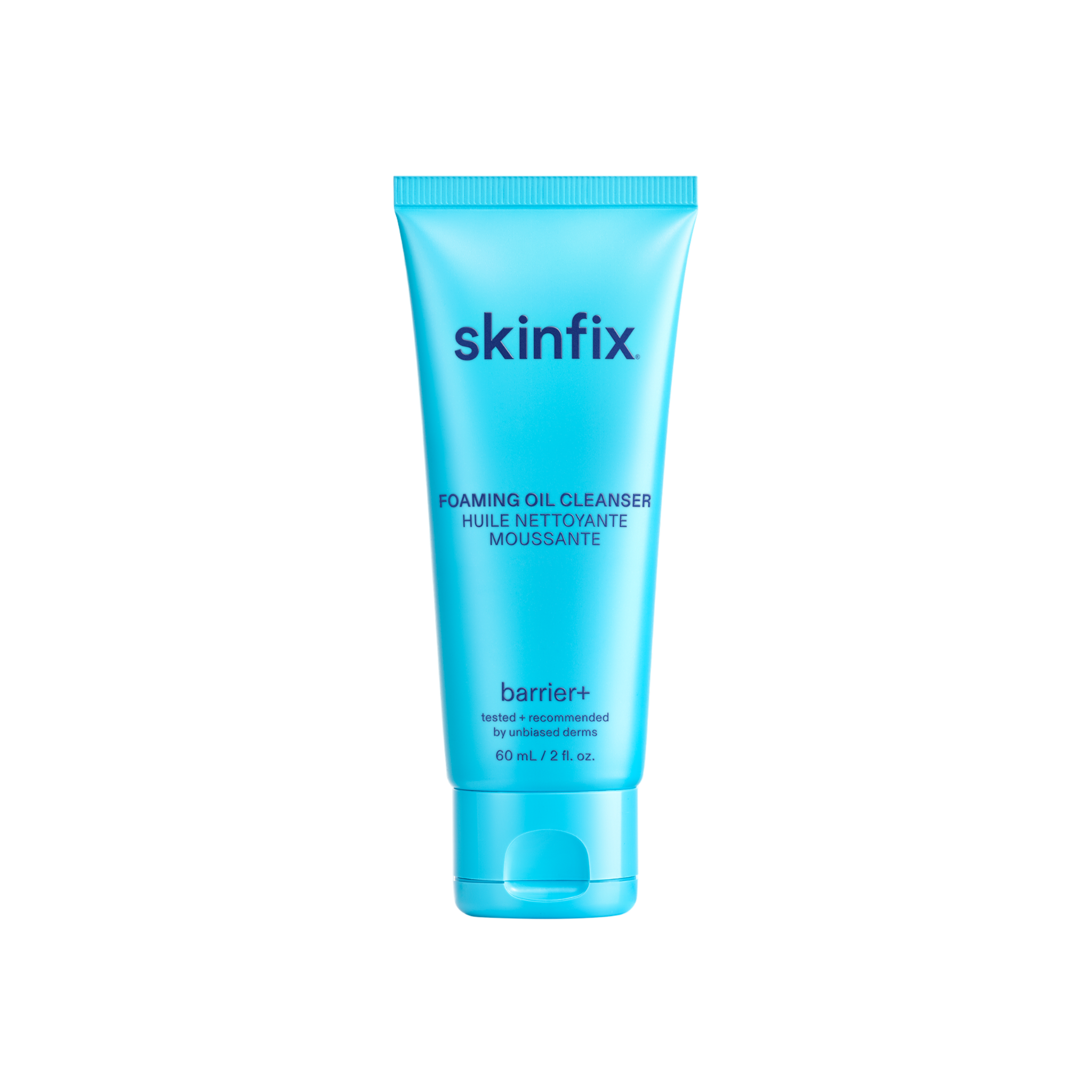 A light blue squeeze tube of skinfix Foaming Oil Cleanser with dark blue text, shown on a solid white background.