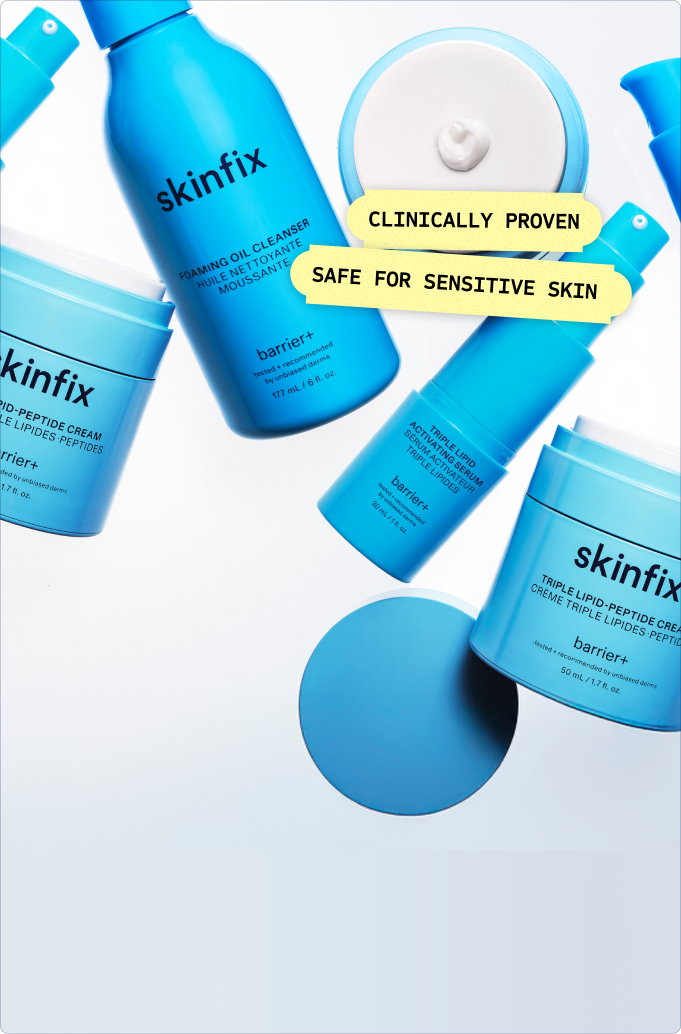 An assortment of Skinfix barrier+ products in blue packaging, including Triple Lipid-Peptide Cream, Triple Lipid Activating Serum, and Foaming Oil Cleanser, with labels reading: Clinically Proven, Safe for Sensitive Skin.