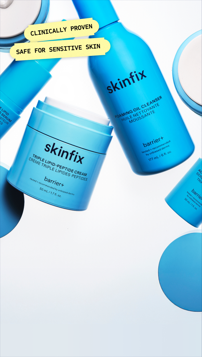 An assortment of Skinfix barrier+ products in blue packaging, including Triple Lipid-Peptide Cream, Triple Lipid Activating Serum, and Foaming Oil Cleanser, with labels reading: Clinically Proven, Safe for Sensitive Skin.