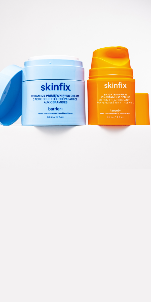 Skinfix Ceramide Prime Whipped Cream in light blue packaging with the lid open, and Brighten + Firm 15% Vitamin C Serum in orange packaging, on a white shelf.