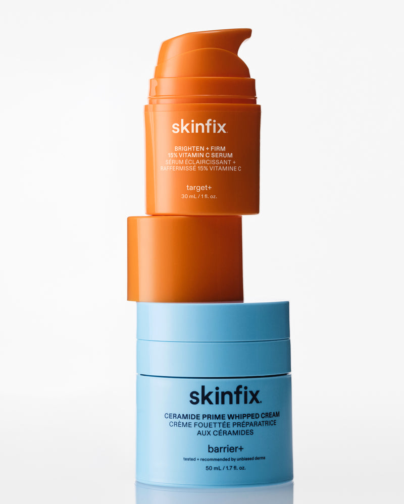 Skinfix Brighten + Firm 15% Vitamin C Serum stacked on top of Ceramide Prime Whipped Cream.