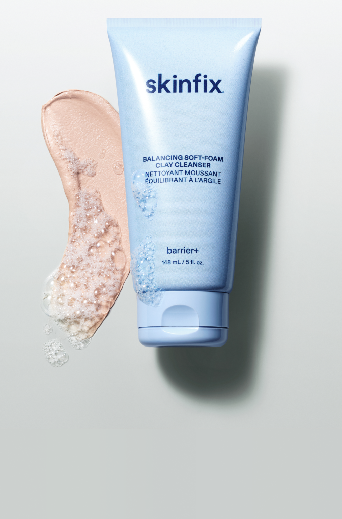 Skinfix Balancing Soft-Foam Clay Cleanser with texture and bubbles.