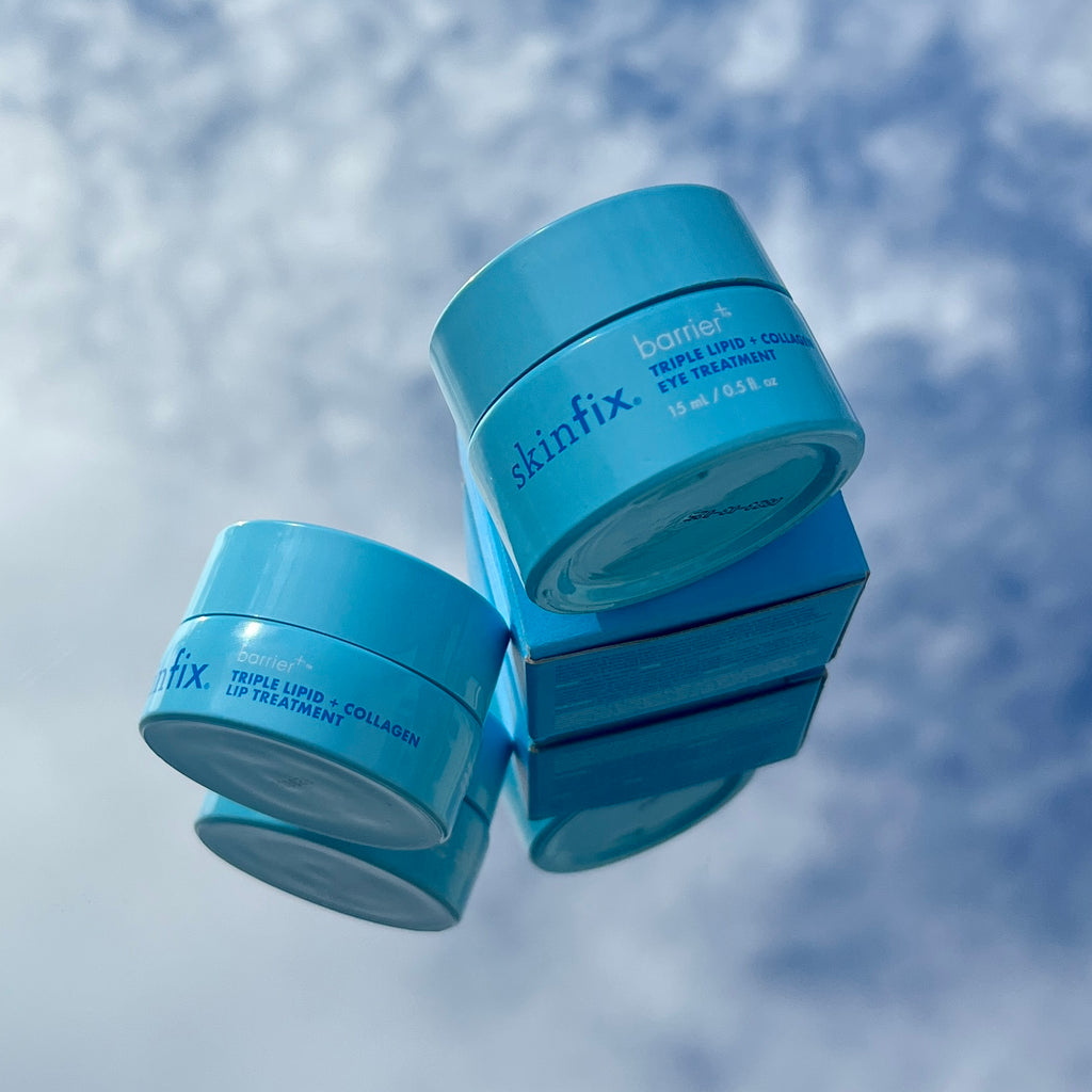 Triple Lipid + Collagen Eye Treatment and Triple Lipid + Collagen Lip Treatment with blue sky background