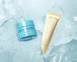 Two skincare products arranged on crushed ice: a light blue jar labeled 'TRIPLE LIPID PEPTIDE CREAM' and a pale yellow squeeze tube labeled 'skinfix LIGHT BUMBLE BADEAIF A LOVER'.