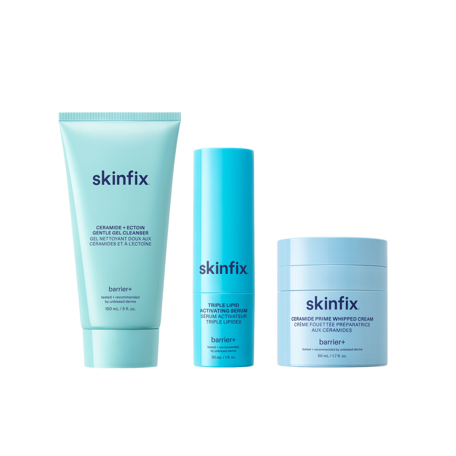 Skinfix Ceramide + Ectoin Gentle Gel Cleanser (150 mL) in mint green, Triple Lipid Activating Serum (30 mL) in teal, and Ceramide Prime Whipped Cream (50 mL) in light blue, on a transparent background.