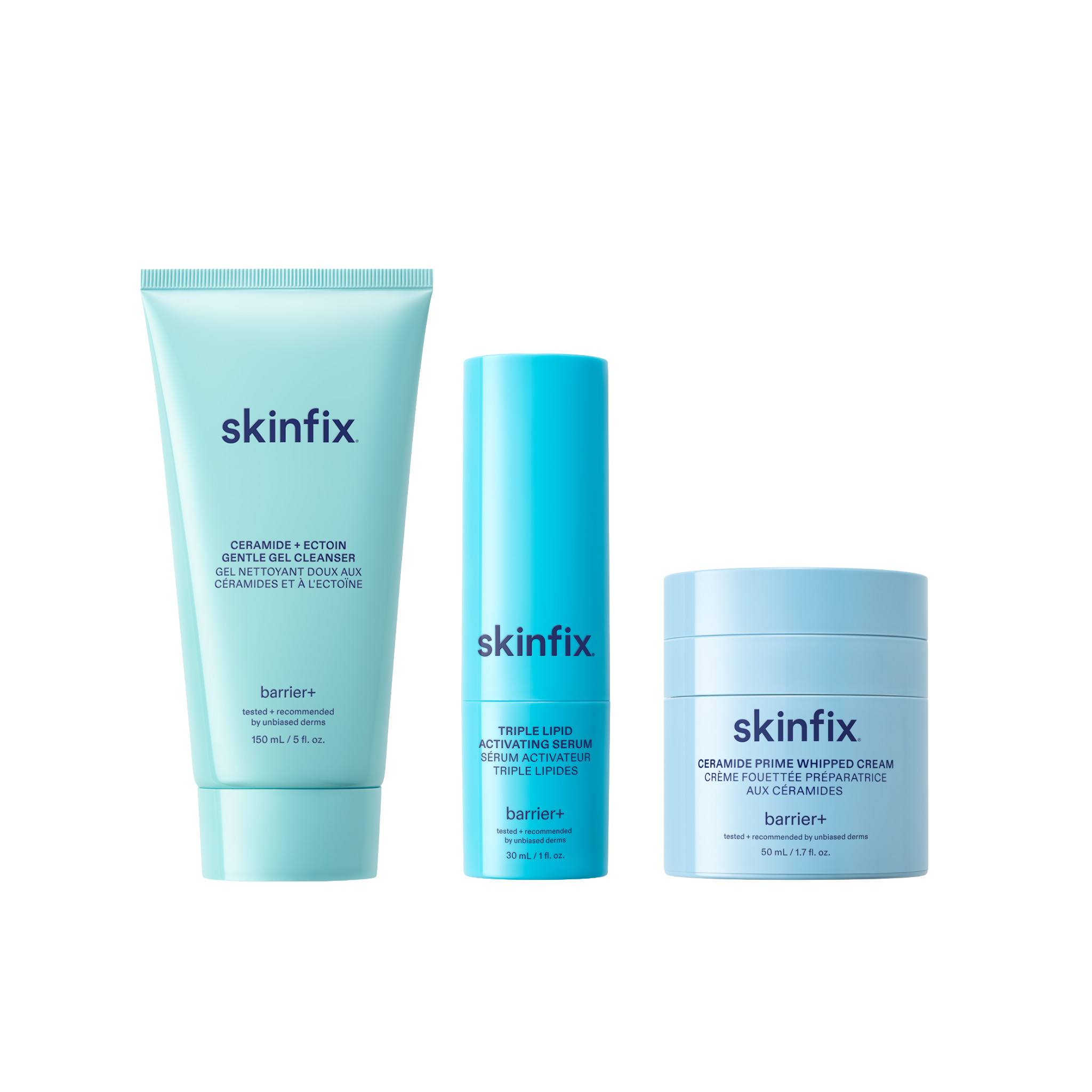 Skinfix Ceramide + Ectoin Gentle Gel Cleanser (150 mL) in mint green, Triple Lipid Activating Serum (30 mL) in teal, and Ceramide Prime Whipped Cream (50 mL) in light blue, on a transparent background.