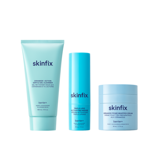 Skinfix Ceramide + Ectoin Gentle Gel Cleanser (150 mL) in mint green, Triple Lipid Activating Serum (30 mL) in teal, and Ceramide Prime Whipped Cream (50 mL) in light blue, on a transparent background.