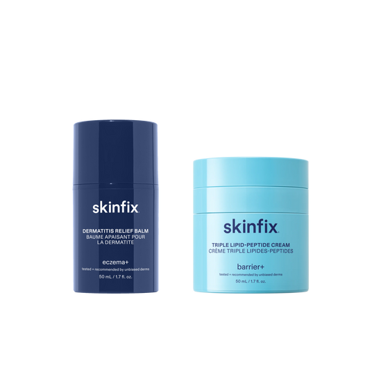 Two skincare products from skinfix on a transparent background: a dark navy blue Dermatitis Relief Balm and a light blue Triple Lipid-Peptide Cream.
