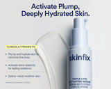 Skinfix Triple Lipid Activating Serum bottle in a clean studio-style graphic with text callouts and a cream smear on a light gray background.