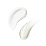 Two glossy swatches of a serum and cream on a solid transparent background product's texture.