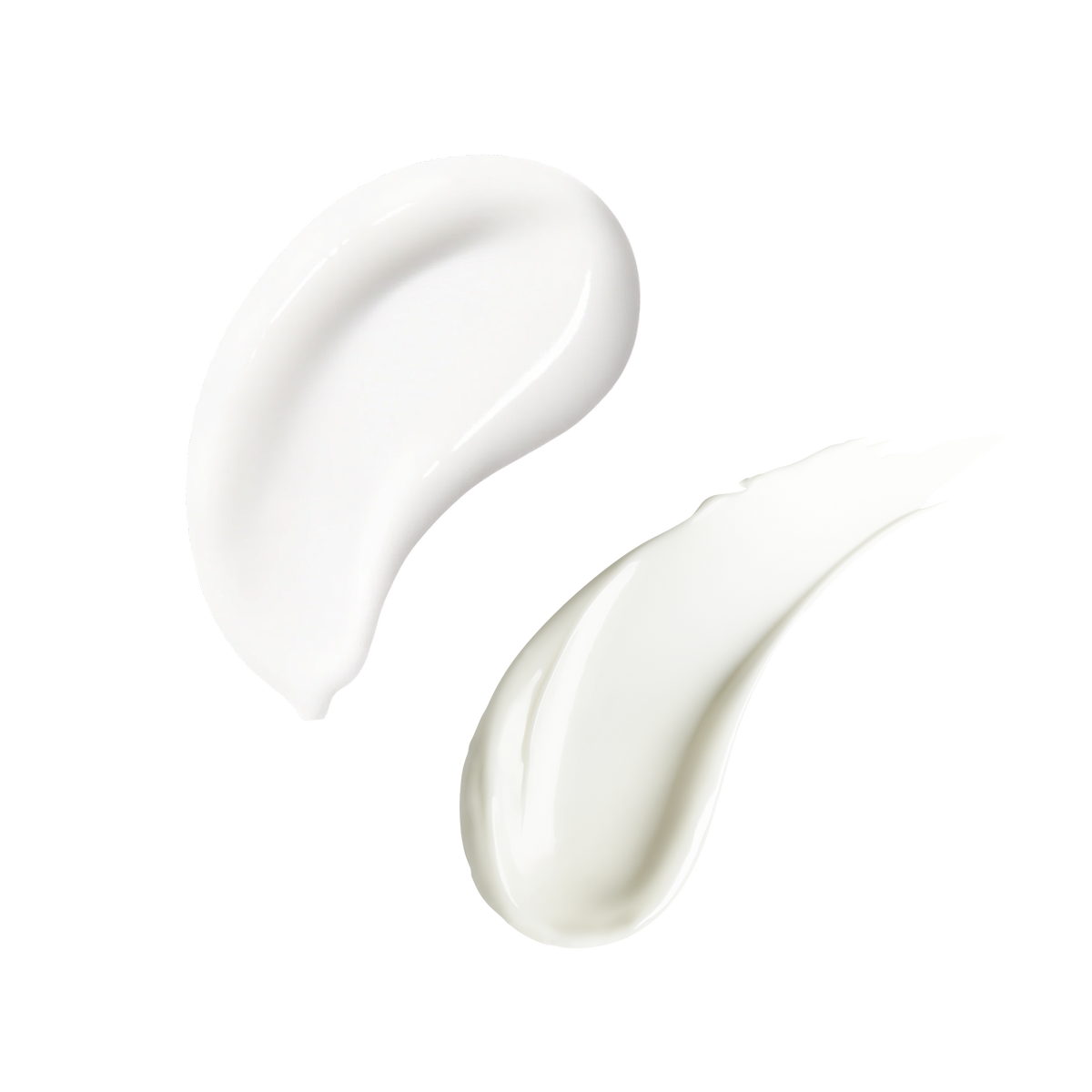 Two glossy swatches of a serum and cream on a solid transparent background product's texture.