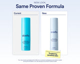 A promotional graphic for skinfix Triple Lipid Activating Serum showing a new packaging design labeled 'New Look, Same Proven Formula.' The left panel shows the old bright blue bottle under the label 'Current,' and the right panel shows the new pale blue cylindrical bottle under the label 'New.