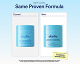 Promotional graphic for the skinfix barrier Triple Lipid-Peptide Cream showing a comparison between the old 'Current' packaging and the new 'New' packaging. The new packaging features a clean white card design with a light blue jar.