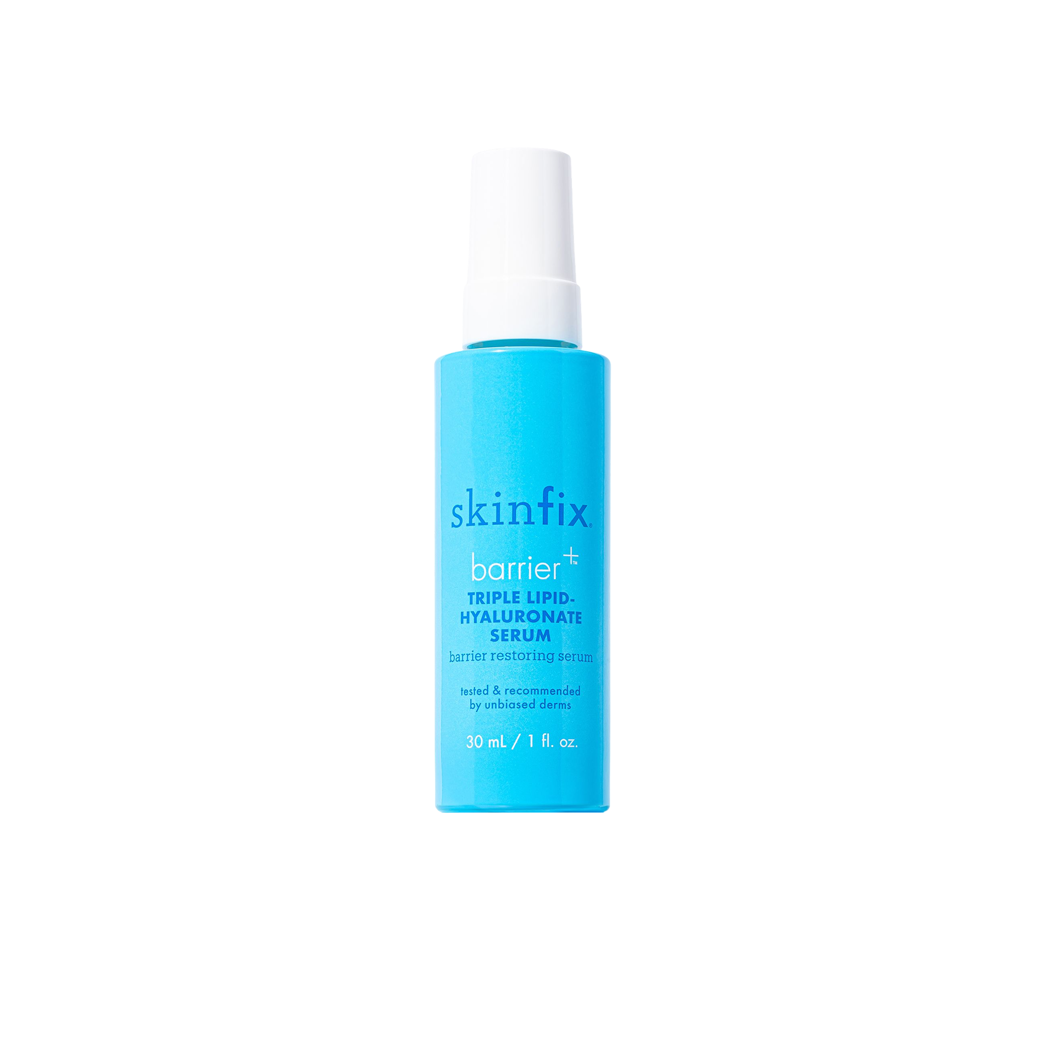 Skinfix Triple Lipid-Hyaluronate Serum bottle, 30 mL, in teal with a white pump, on a transparent background.